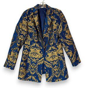 VENUS Blue Gold Brocade Blazer Jacket Longline Statement Coat Jacquard Sz 14 XL